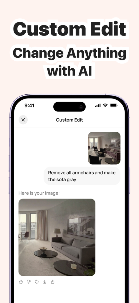AI Home Remodel – Dekor - A screenshot showing the custom edit feature of the AI Home Remodel app changing room furniture based on a text prompt