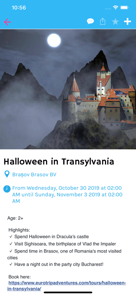 EuroTrip Adventures - Reiseplan für die Halloween-Tour in Transsilvanien, der Highlights der Reise und ein atmosphärisches Bild von Schloss Dracula zeigt