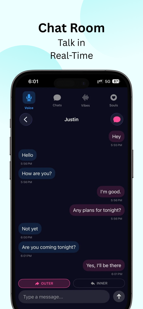Chimi chat - Chimi Chat mobile interface showing a real-time conversation between outer and inner voices to practice communication skills.