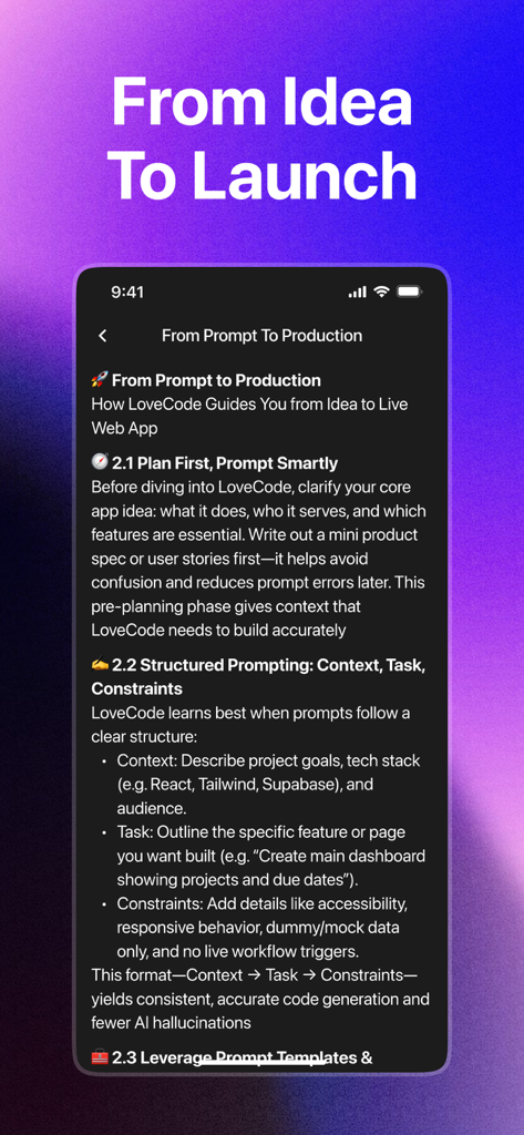 LoveCode Dev AI Guide - A tutorial screen showing the step by step process of turning an app idea into a live product using structured AI prompts