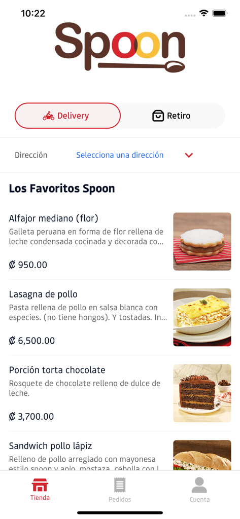 Spoon CR - A screenshot of the Spoon CR app showing favorite food items like alfajores and lasagna