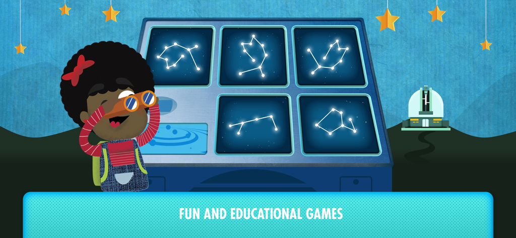 A young explorer looking at star constellations through binoculars in a space learning app