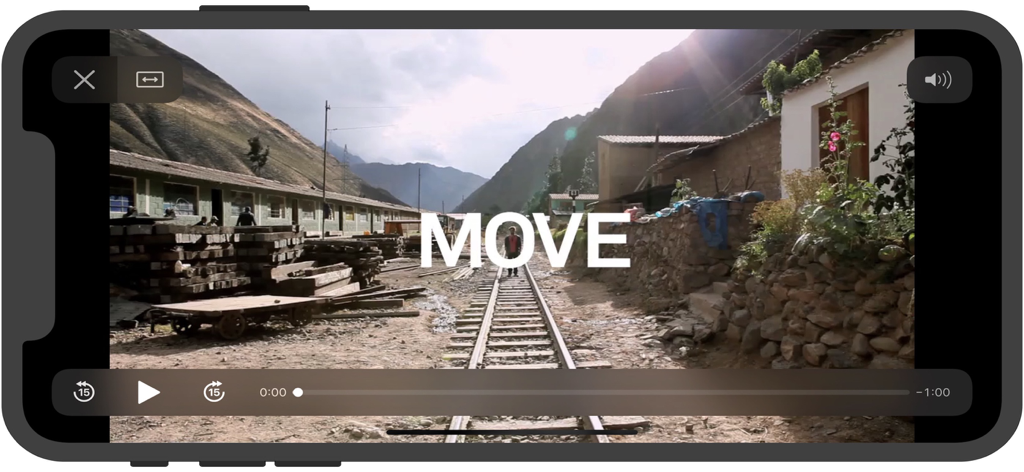IPTV fast mobile application video player screen showing playback controls and a scenic landscape video