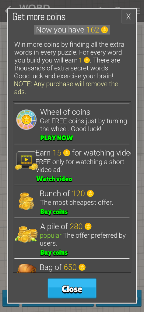 Word Architect - 보상이나 구매를 통해 코인을 얻기 위한 Word Architect 게임 메뉴