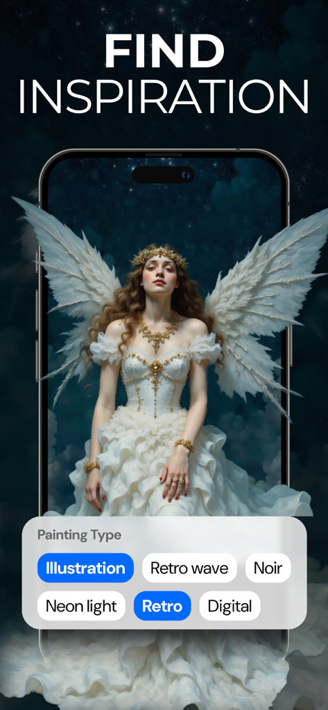 Dream Art app interface showing a generated angel artwork and art style options