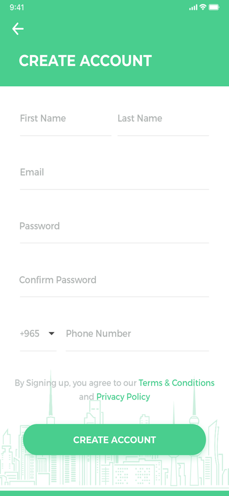 Kontoerstellungsbildschirm für die Quick Delivery App mit Registrierungsformular und Stadthintergrund