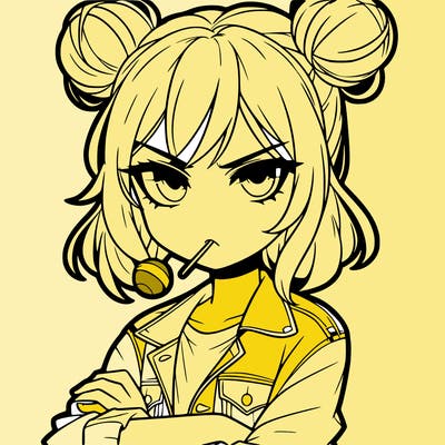 an anime girl with pigtails buns that are loose and free, she is wearing a jean jacket with her arms crossed. she has a lollipop in her mouth with her eyes narrowed. she looks very cool and daring