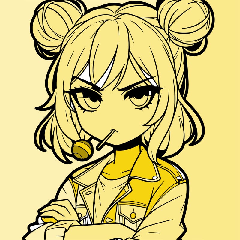an anime girl with pigtails buns that are loose and free, she is wearing a jean jacket with her arms crossed. she has a lollipop in her mouth with her eyes narrowed. she looks very cool and daring