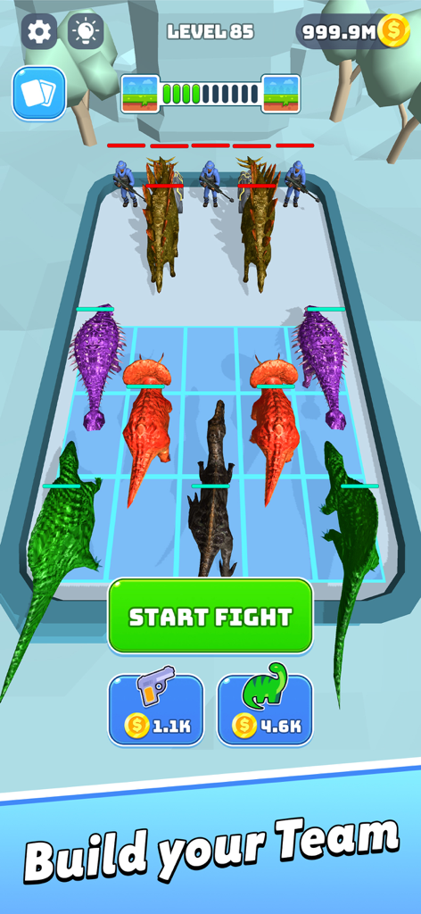 Merge Master: Dinosaurs Game - In-game screenshot of Merge Master Dinosaurs showing a player arranging different dinosaurs on a grid to build a team for battle.