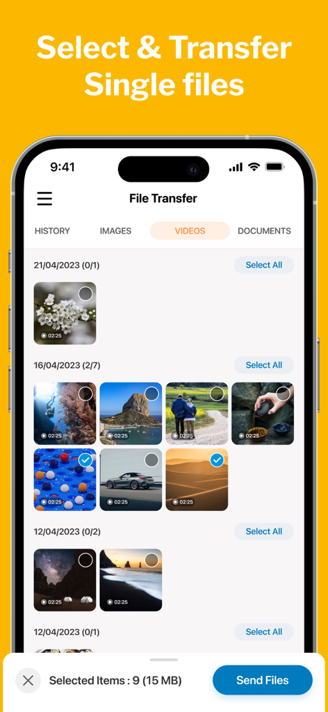 Clone Phone - Smart Switch - User interface showing selective video file transfer in the Clone Phone app