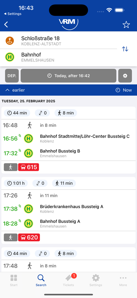 Fahrplan und Verbindungssuchergebnisse für den öffentlichen Nahverkehr in der VRM-App.