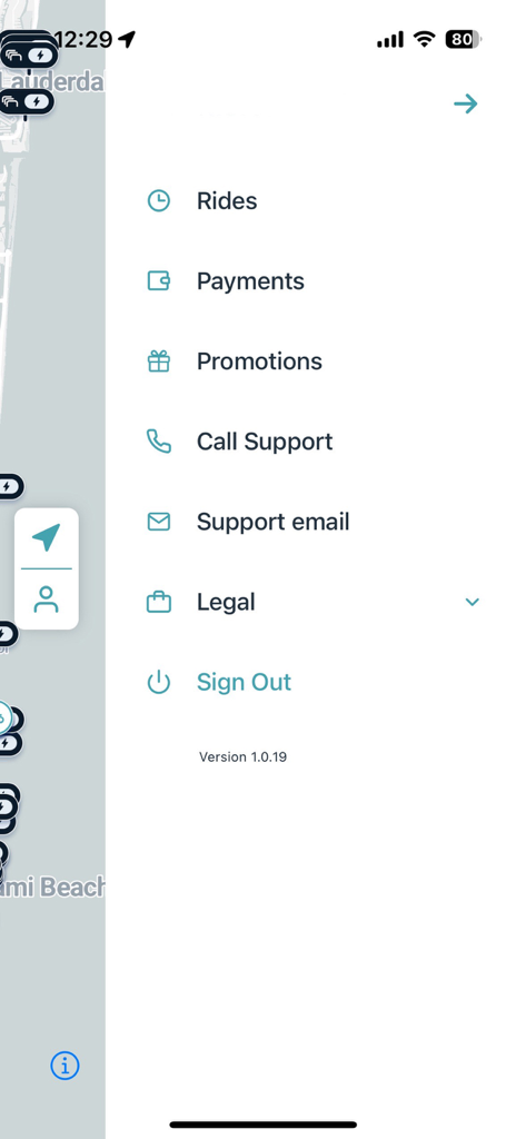 Zybra Plus - Zybra Plus app side menu displaying options for rides, payments, promotions, and customer support.