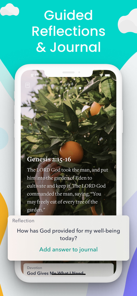 Bible Inspirations · Daily - A mobile screen showing a Bible verse with an orange tree background and a guided reflection prompt to add a journal entry.