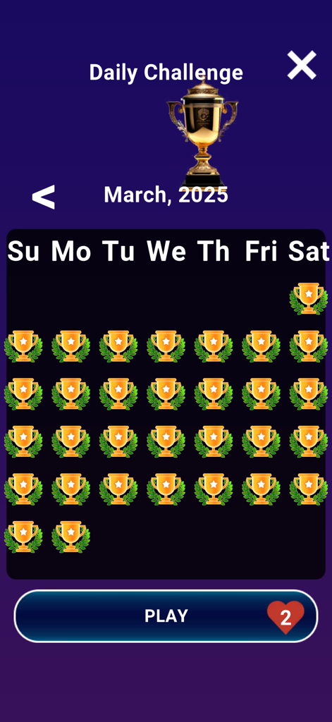 Daily Challenge calendar screen in Millionaire Quiz Trivia Game showing earned trophies for March 2025