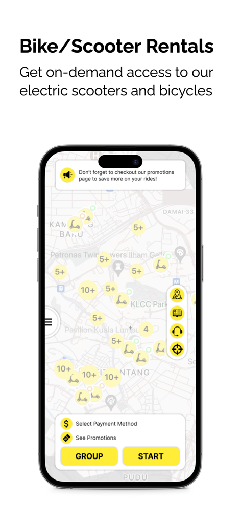 Tryke App-Oberfläche, die eine Karte mit verfügbaren Elektro-Scootern und Fahrrädern zur Miete anzeigt