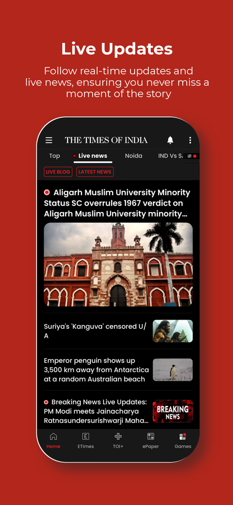 A mobile interface of The Times of India news app showing the Live Updates section with breaking news and headlines in dark mode