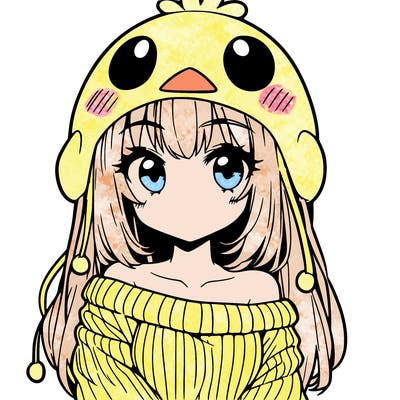 anime girl with chick shaped hat with sweater with bare shoulders with bangs covering them one eye with low tail