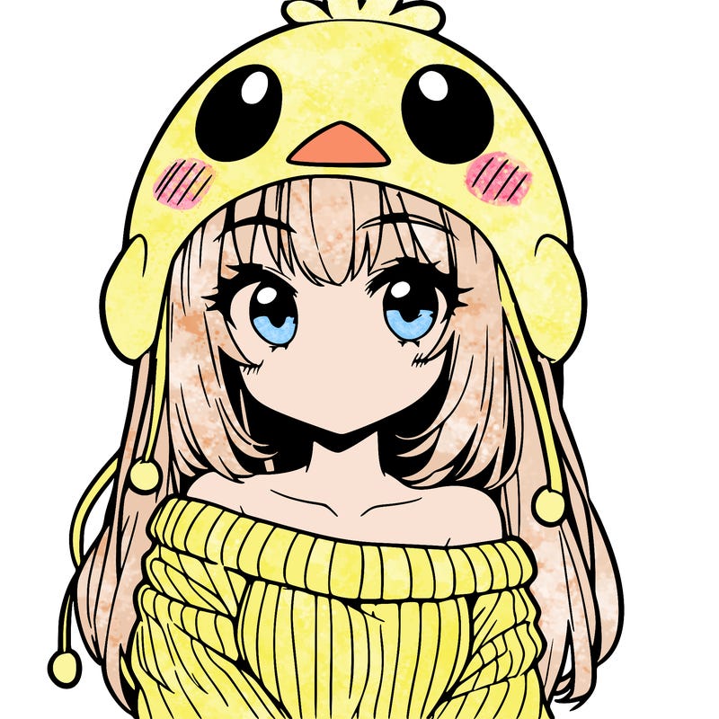 anime girl with chick shaped hat with sweater with bare shoulders with bangs covering them one eye with low tail