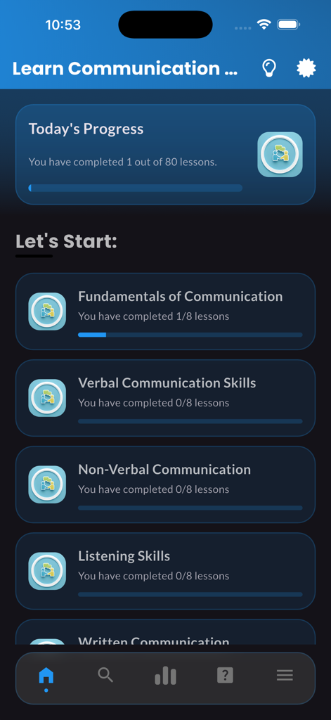 Dashboard do aplicativo Learn Communication Skills mostrando módulos de curso para comunicação verbal e não verbal.