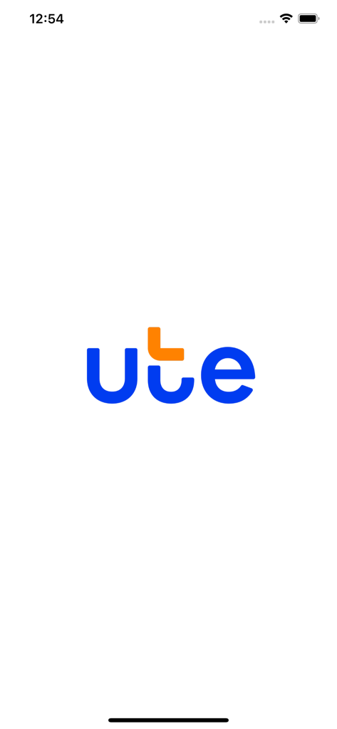 Schermata di avvio dell'app UTE Clientes con il logo aziendale blu e arancione su sfondo bianco.