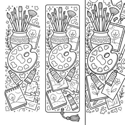 Celebrate your love for art with these beautiful Painting Bookmark coloring pages. Featuring detailed illustrations of art supplies, they're perfect for creative minds to personalize and use in their favorite books.
