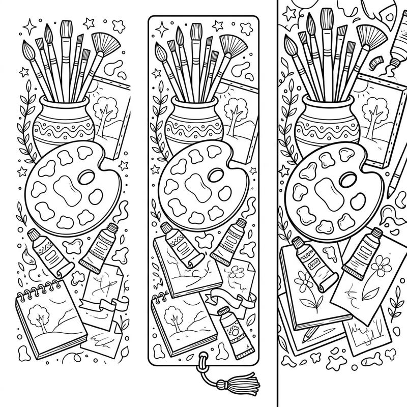 Celebrate your love for art with these beautiful Painting Bookmark coloring pages. Featuring detailed illustrations of art supplies, they're perfect for creative minds to personalize and use in their favorite books.