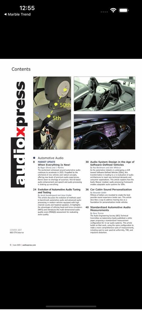 audioXpress 잡지의 목차 페이지로, 자동차 오디오 기술 및 시스템 설계에 대한 기사가 강조되어 있습니다.