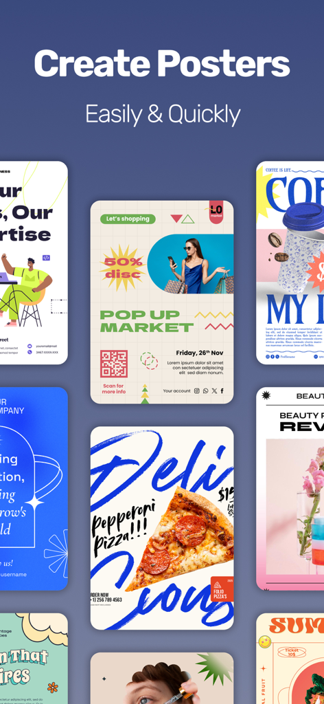 Mobile app interface displaying a variety of customizable poster and flyer templates for small businesses.