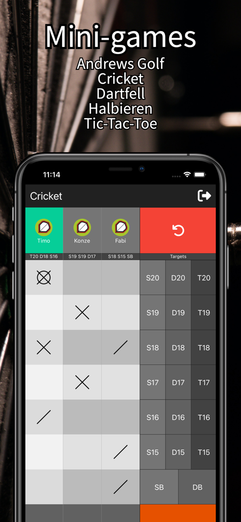 Cricket-Spielstands-Oberfläche in der Darts1 Counter App mit Spielernamen und Zielen