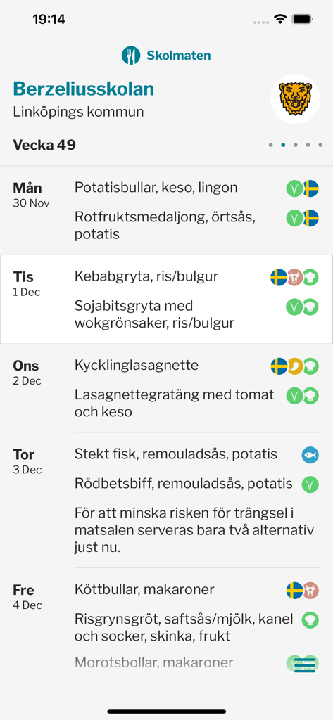 Skolmaten - Weekly school lunch menu display on the Skolmaten mobile application