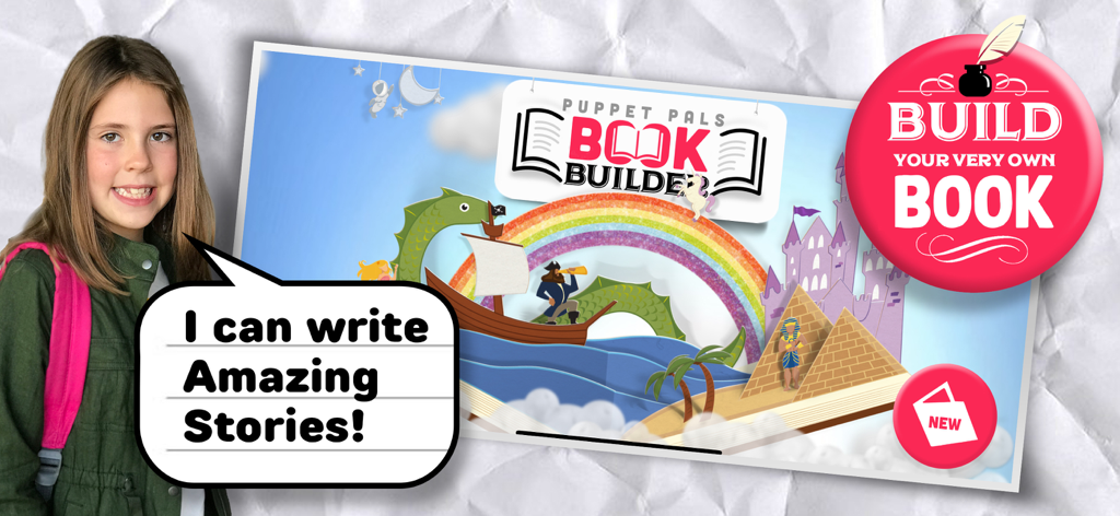 Una niña pequeña junto a la interfaz de la aplicación Puppet Pals Book Builder con una burbuja de voz que dice 'Puedo escribir historias increíbles'.
