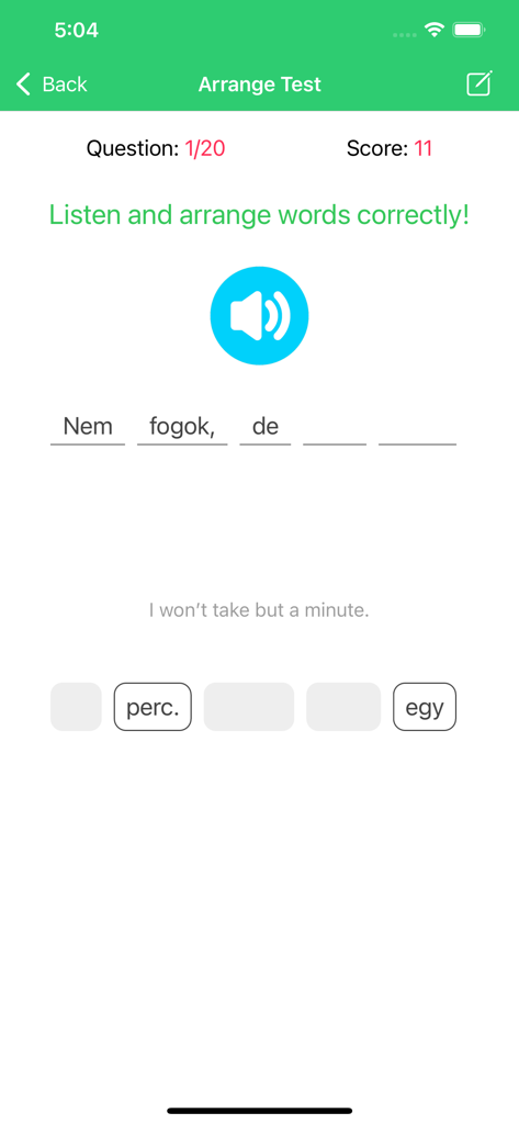 Learn Hungarian Premium - Captura de pantalla de una prueba interactiva de ordenamiento de palabras en la aplicación Aprende Húngaro Premium para aprender frases