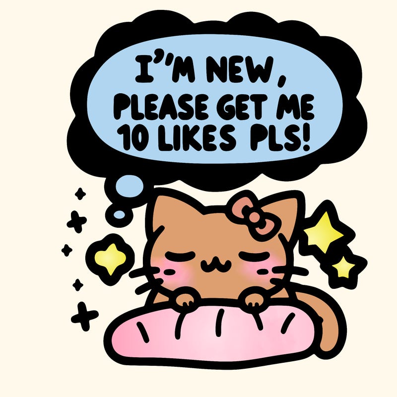 kitty taking a nap dream talking and saying "i'm new, please get me at least 10 likes pls!!"