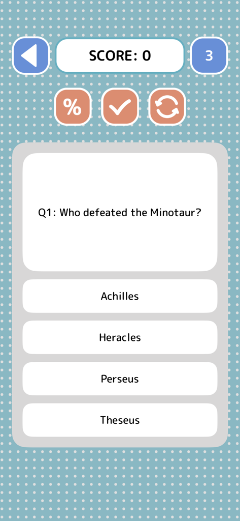 Triviafrage im "Griechische Mythologie Quiz", die fragt, wer den Minotaurus besiegt hat, mit mehreren Antwortmöglichkeiten