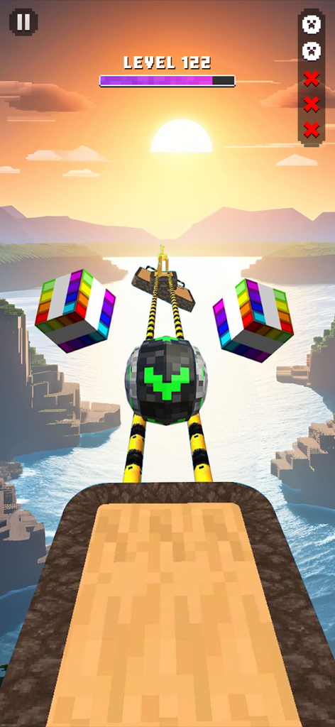 Super Rolling Ball Balance - A black and green rolling ball balancing on thin rails during a sunset in a blocky pixelated world.