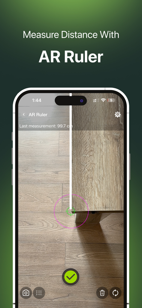 iPhone app screen showing an AR ruler tool measuring the distance of wooden furniture on a floor