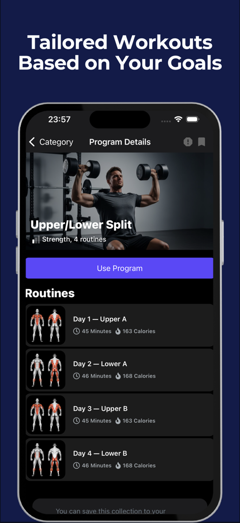 LoadMuscle: AI Workout Planner - LoadMuscle app showing an upper lower split workout program with estimated duration and calories burned for each routine