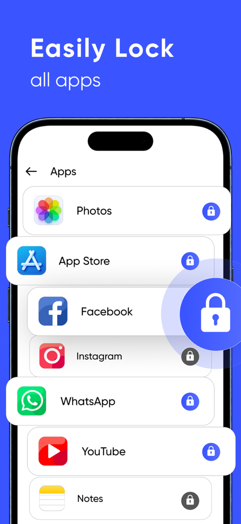 App Lock : Hide App & Lock App - Mobile interface showing a list of apps with security locks for privacy protection