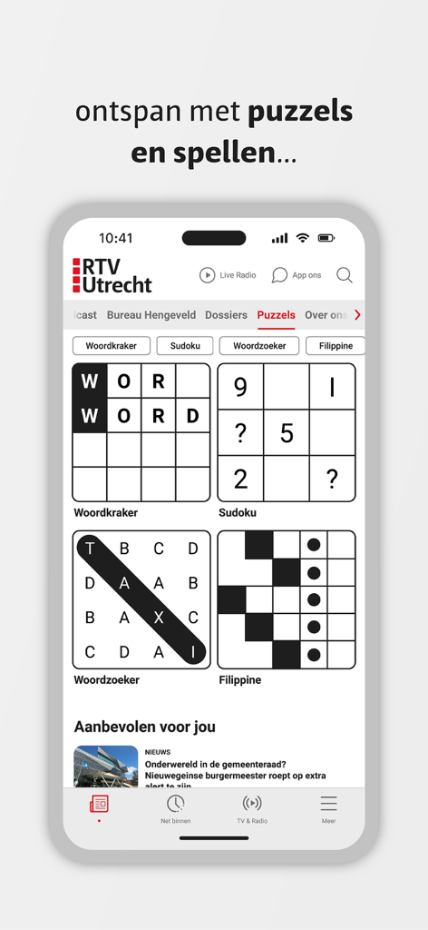 RTV Utrecht mobile App-Bildschirm mit dem Abschnitt Rätsel und Spiele mit Sudoku und Wortsuche