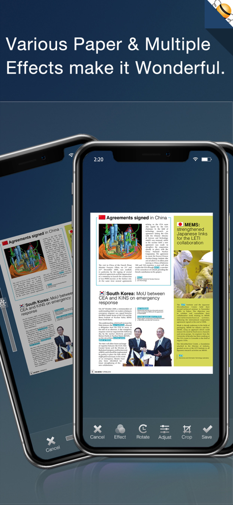 iPhone screen showing the PDF Scanner app interface with document editing options like effects rotate and crop
