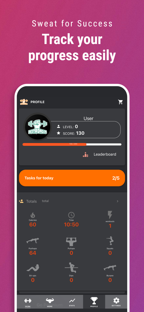 BeStronger Home workouts - Panel de perfil de la app BeStronger que muestra el progreso del fitness y las estadísticas diarias de entrenamiento