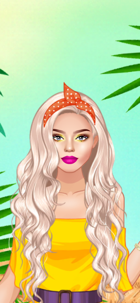 Dress Up Games: Fashion Girl - A cartoon girl with long wavy blonde hair wearing a red polka dot headband and a yellow top