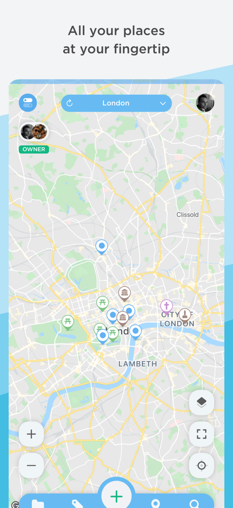 Interfaz de la aplicación PlaceMapper mostrando un mapa de Londres con varios pines y ubicaciones personalizados