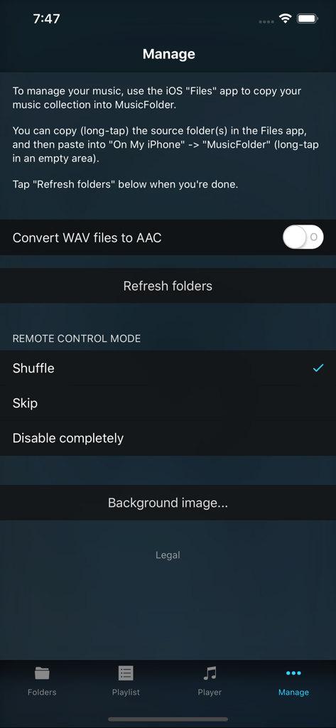 Manage screen of the MusicFolder 2 app showing music file management instructions and remote control settings