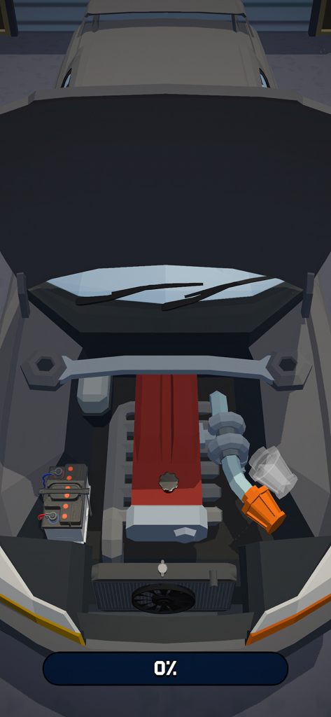 Mechanic Simulator - 정비소 시뮬레이터 모바일 게임에서 열린 자동차 엔진 베이의 탑다운 뷰