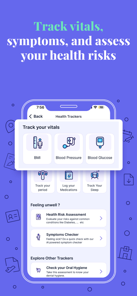 Benutzeroberfläche der Eka Care App, die Gesundheitstracker für Vitalwerte und Symptombewertungen zeigt