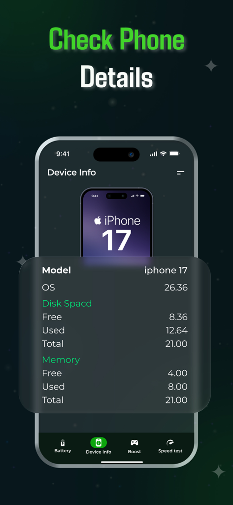 PlayFast - GFX 4X Game Booster - PlayFast Game Boosterアプリのインターフェース。モデル、OSバージョン、ディスク容量、メモリ使用量などの詳細なデバイス情報表示。