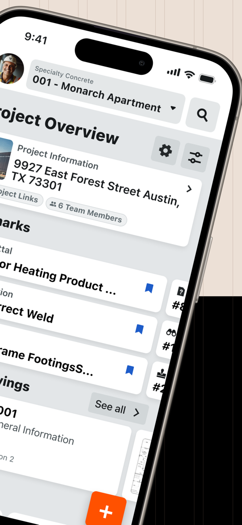Procore mobile app interface showing construction project overview and site location details on an iPhone