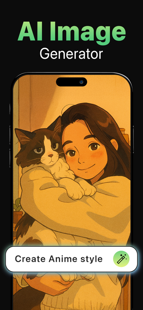 Interfaccia dell'app ChatIn che mostra un'illustrazione anime generata dall'AI di una ragazza con un gatto