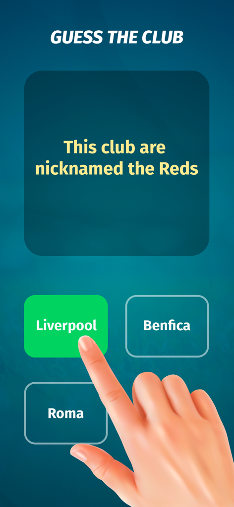Football Quiz: Trivia game - Tela de jogo de trivia móvel perguntando para identificar o apelido do clube 'The Reds' com o Liverpool selecionado como resposta correta